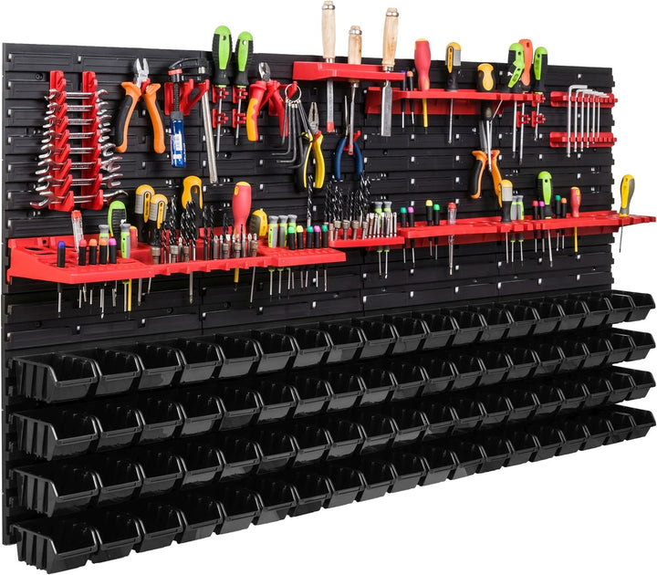 Lagersystem Werkstattregal | 156 x 78 cm | 76 stck. Box | Wandregal mit Werkzeughalterungen und Stap