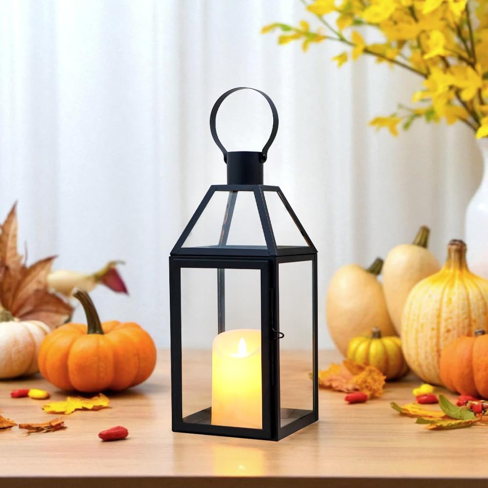 JHY DESIGN Schwarze dekorative Laternen 40.5 cm hoch Edelstahl-Kerzenlaternen mit gehärtetem Glas fü