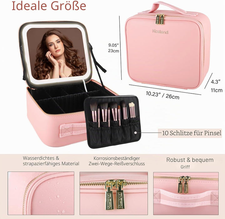 Kosmetiktasche mit LED Beleuchtung Licht, Make up Tasche Koffer Verstauen für Reisen, Kosmetikkoffer