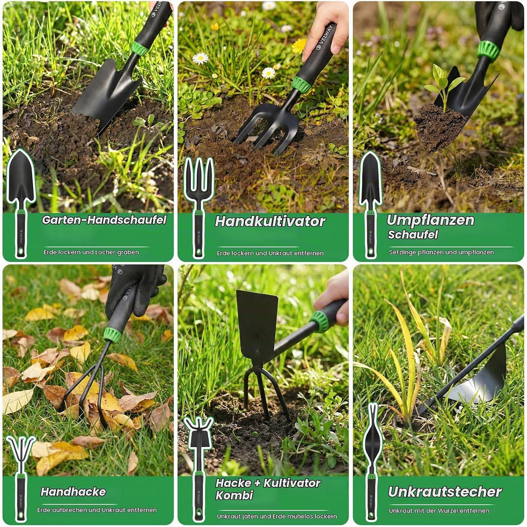Velway Gartenwerkzeug Set 11 Stück - Gartengeräte aus Edelstahl, Robuste Handwerkzeuge mit ergonomis