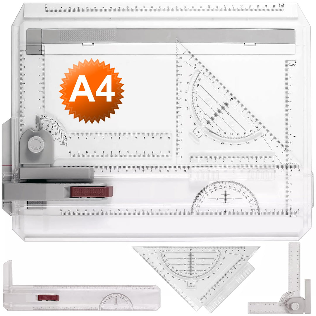 Zeichenbrett DIN A4 Professioneller Zeichenplatte Geo-Board mit Schiebelineal Zeichendreieck Masssta