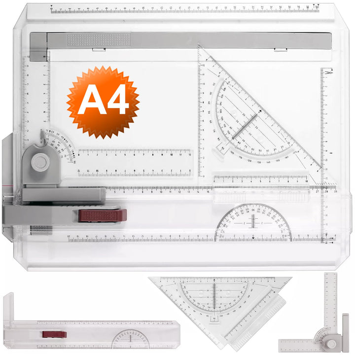 Zeichenbrett DIN A4 Professioneller Zeichenplatte Geo-Board mit Schiebelineal Zeichendreieck Masssta