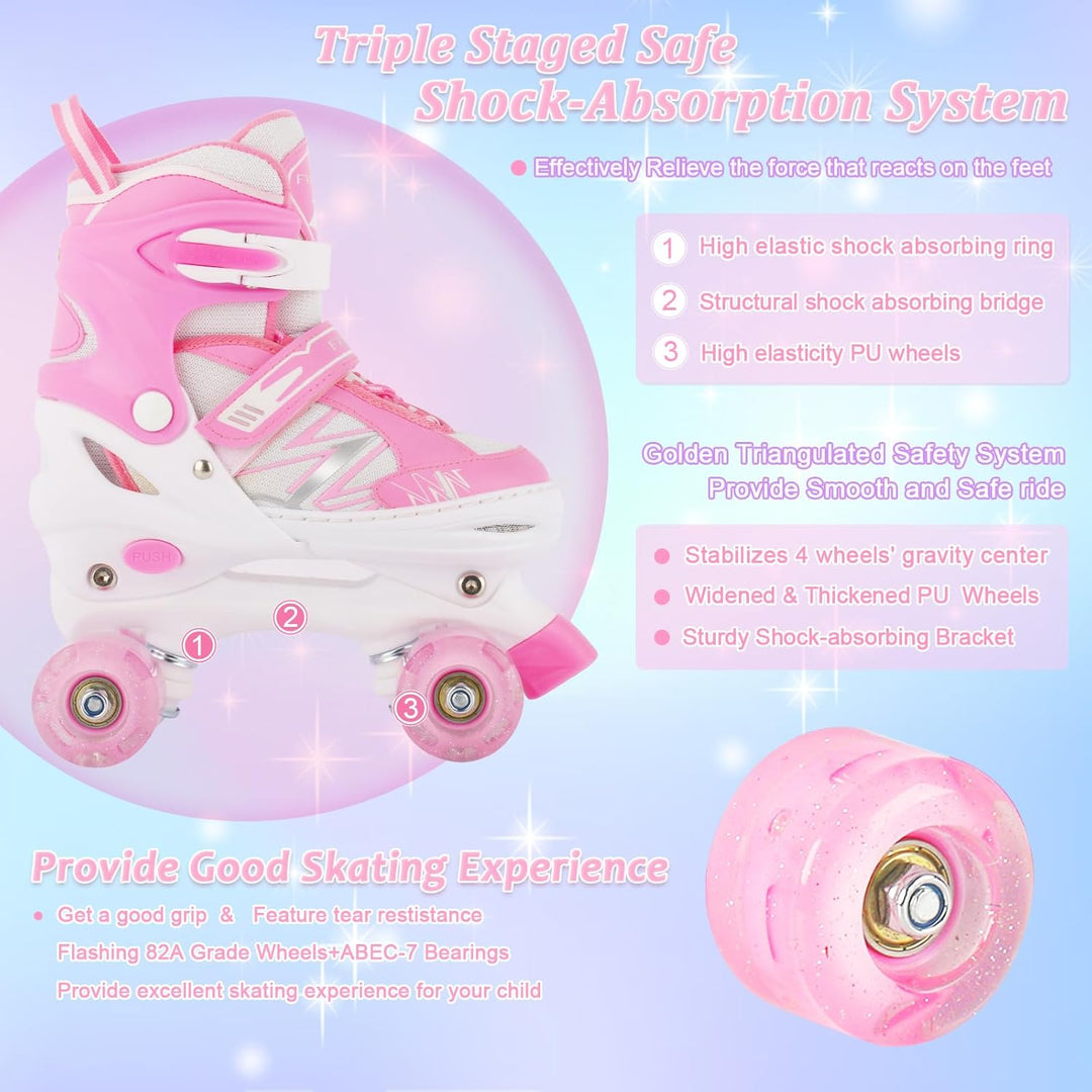 Kinder Rollschuhe für Mädchen Kind Anfänger, 4 Grössen einstellbar Rollschuhe mit Licht bis Räder fü