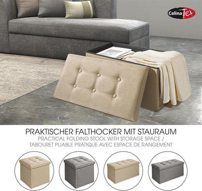 CelinaTex Falthocker XL 76 x 38 x 38 cm beige Sitzbank mit Stauraum Truhe faltbar mit Deckel gepolst