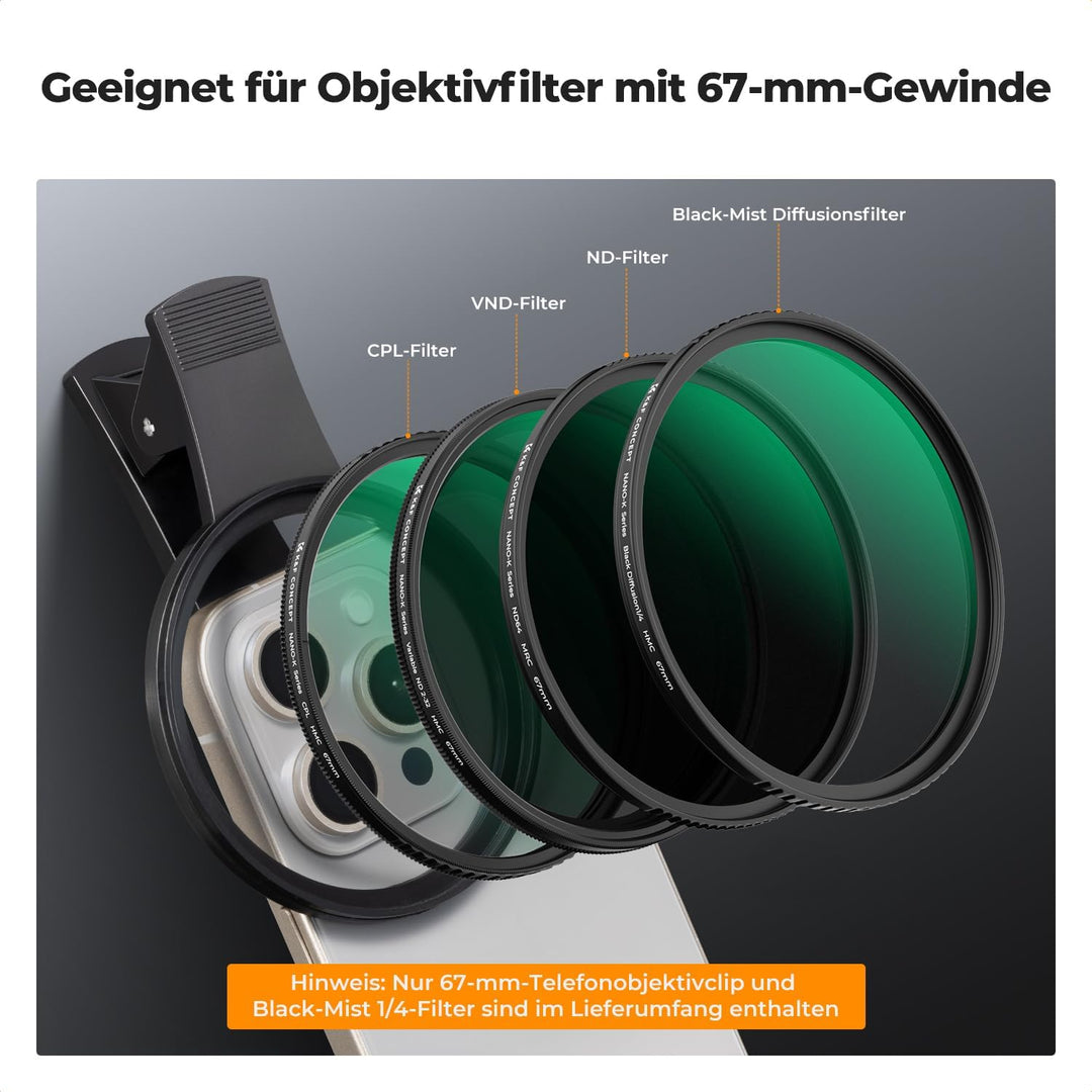 K&F CONCEPT K-Serie 67mm Black-Mist 1/4 Filter, Black Promist 1/4 Objektivfilter kompatibel mit iPho