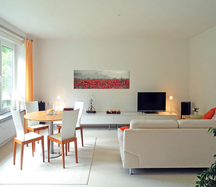 Paul Sinus Art Panoramabild auf Leinwand und Keilrahmen 150x50cm Mohnblumen Feld Nebel Sonnenaufgang