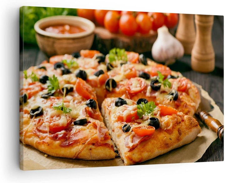 Bilder auf Leinwand Pizza Käse Tomaten Leinwandbild mit Rahmen 70x50cm Wandbilder Dekoration Wohnzim
