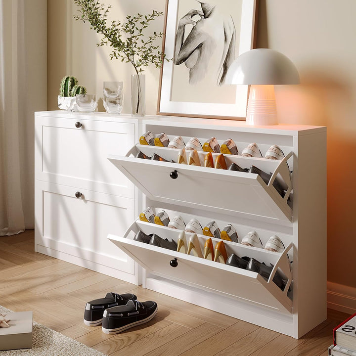 VOWNER Schuhschrank mit 2 Klappen, Schuhregal Schuhkipper Schmal, mit 4 Fächern, Schuhschrank Weiss,