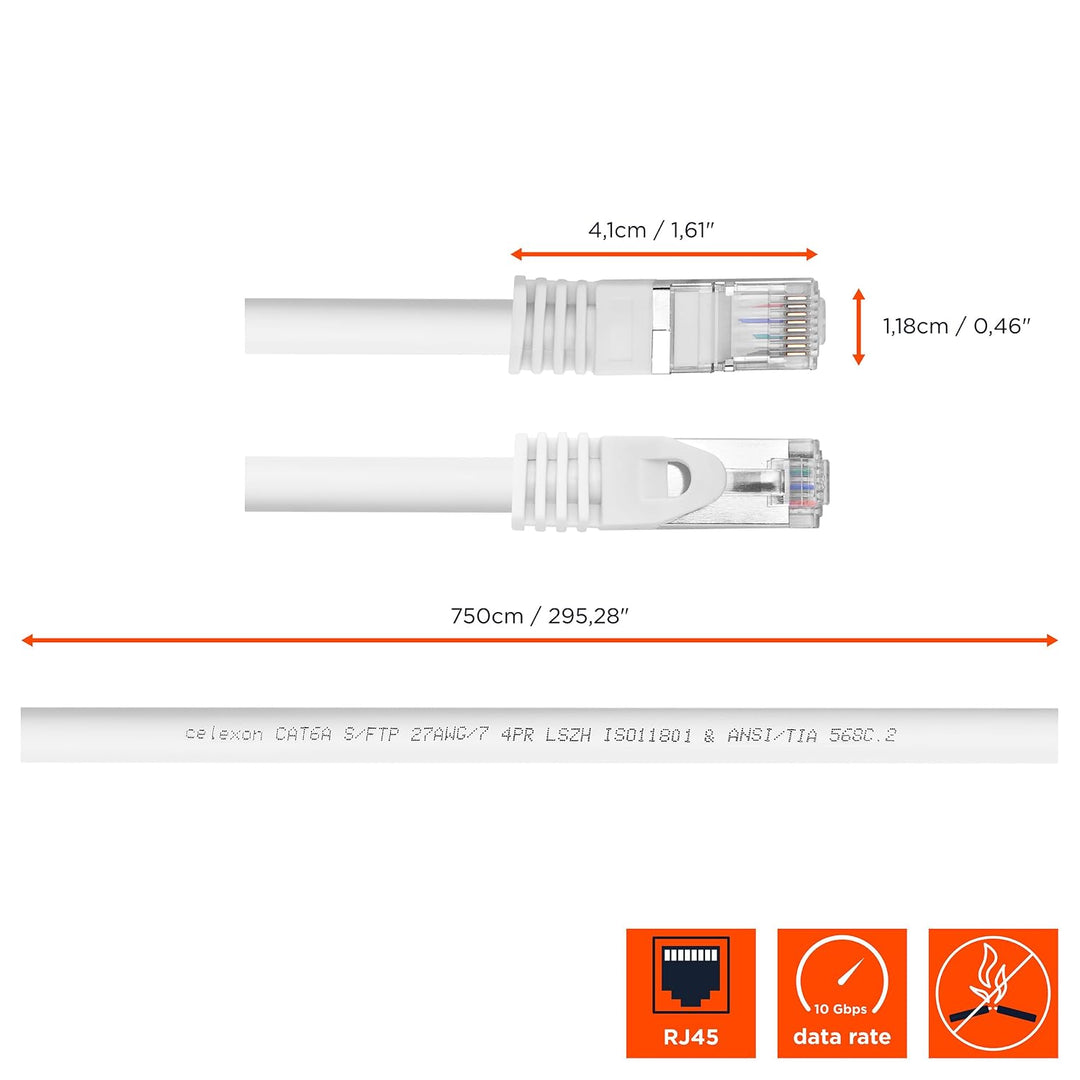 celexon CAT 6A S/FTP Patchkabel | 20 m, Weiss | 10 Gbit/s | Geschirmtes RJ45-Netzwerkkabel für zuver
