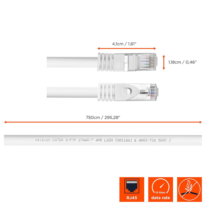 celexon CAT 6A S/FTP Patchkabel | 20 m, Weiss | 10 Gbit/s | Geschirmtes RJ45-Netzwerkkabel für zuver