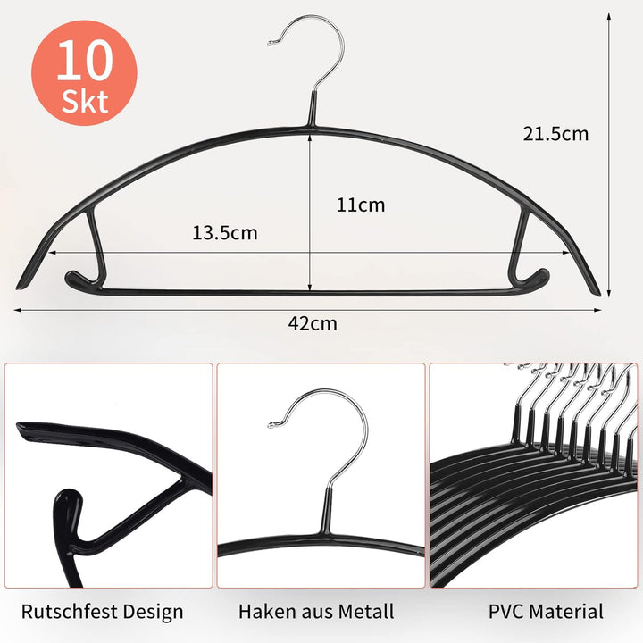 EXTRAPINS 10 Stück Kleiderbügel, 42cm Metall Kleiderbügel, Schwarz | Rutschfeste gummierte Kleiderbü