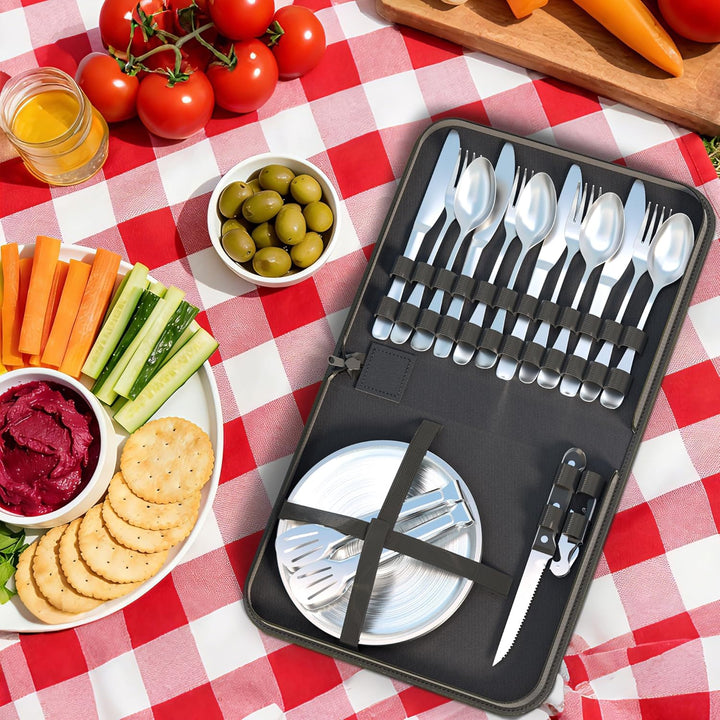Camping Geschirr 4 Persoen Set, Camping Besteck mit Edelstahl Gabeln, Messer und Löffel, Inklusive B