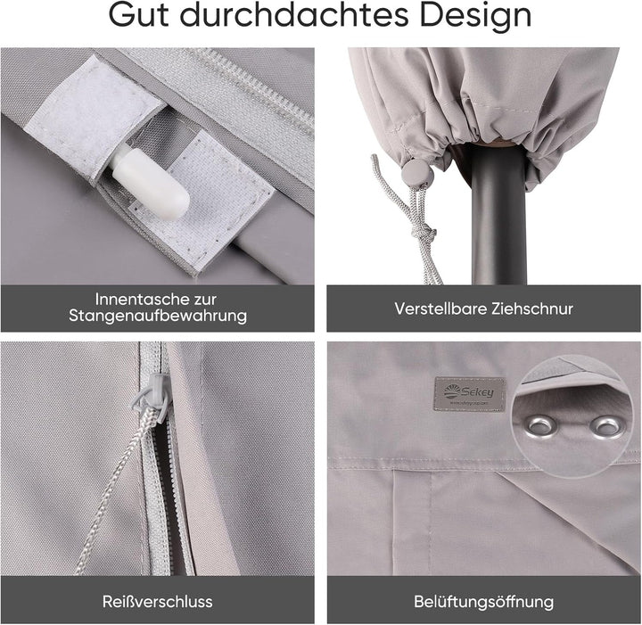 Sekey® Schutzhülle für Ampelschirm,Abdeckhauben für Sonnenschirm, Reissfest, Grau Grau 260 x 65cm