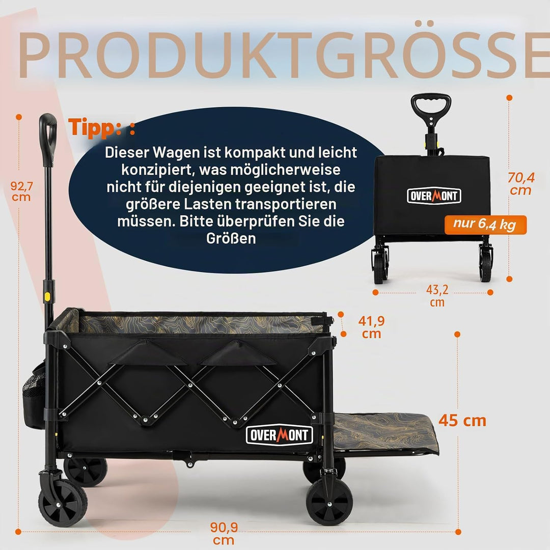 Overmont Klappbar Bollerwagen mit Faltbarer Heckklappe - Alle Gelände Räder - 100L mit Seitentaschen