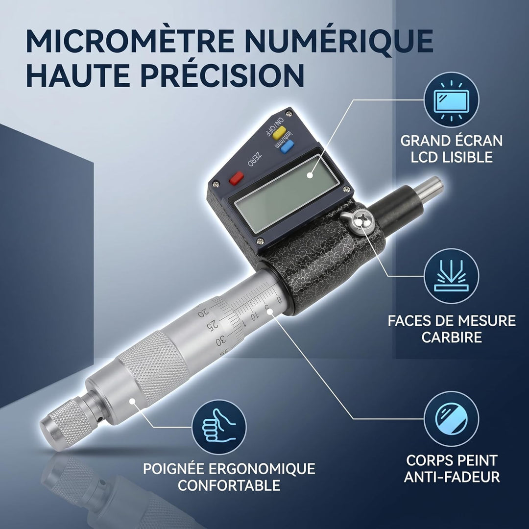 Digitales Mikrometer 0-25mm, Elektronisches Messgerät, Hartmetall-Messfläche, Präzise Aussenmessung