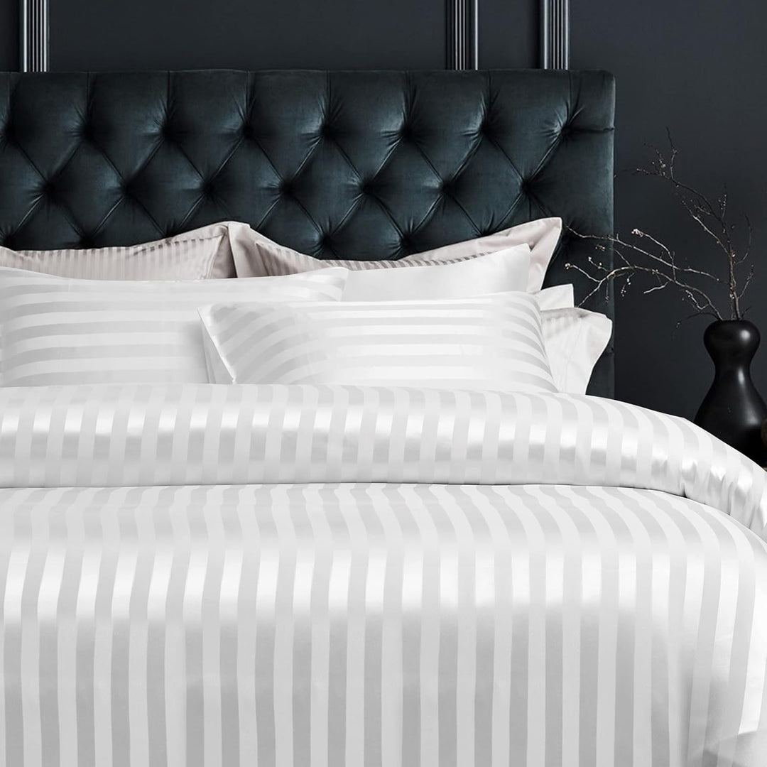 Damier Satin Bettwäsche 200x220 Weiss Seidig Bettbezug Set 3 teilig Luxus Glanzsatin gestreift Decke