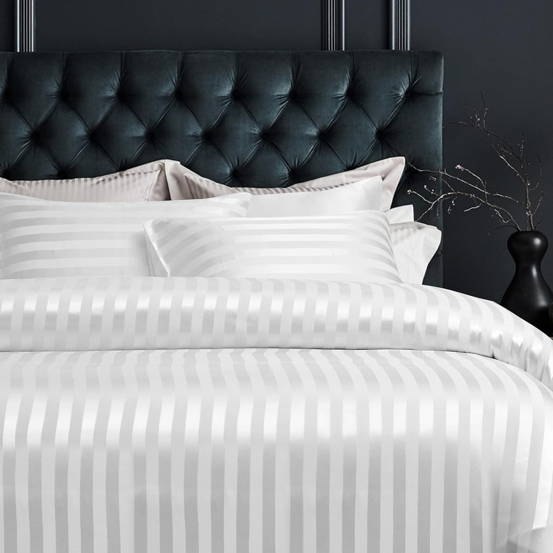 Damier Satin Bettwäsche 155x220 Weiss glatt gestreift Bettbezug Set 2 teilig Luxus Glanzsatin Decken