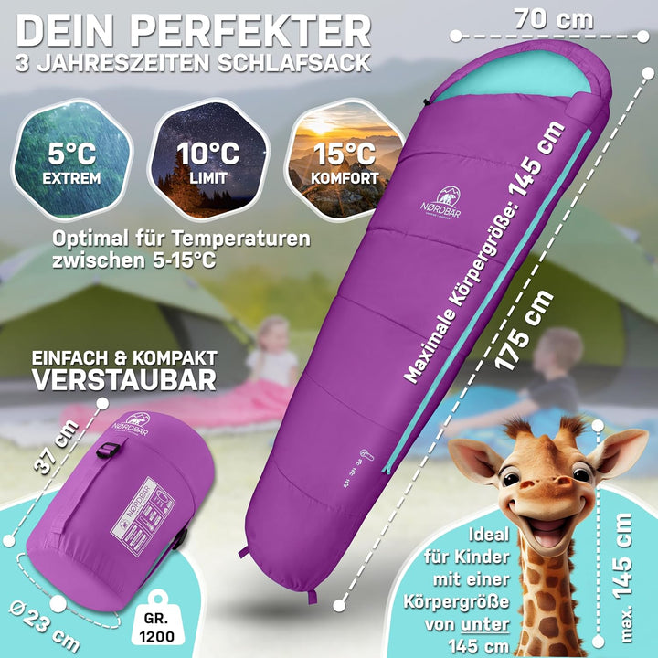 NORDBÄR® Kinderschlafsack für Jungs & Mädchen bis 145 cm Körpergrösse | Innenfutter aus 100% Baumwol