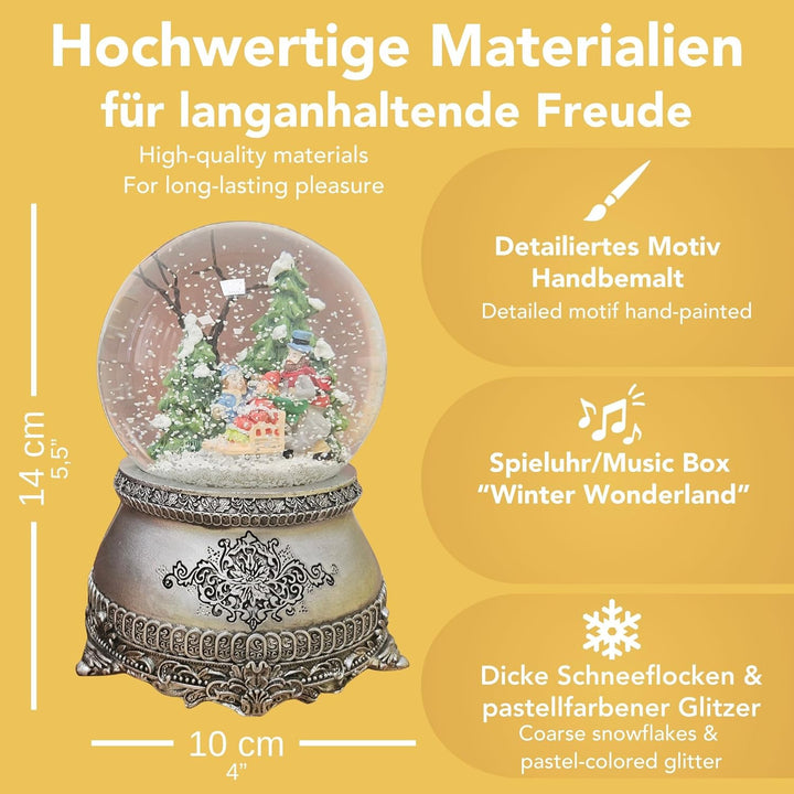 Weihnachts-Schneekugel mit Musik | Schneekugel Winterspaziergang mit Familie | Sockel Zinnoptik Orna