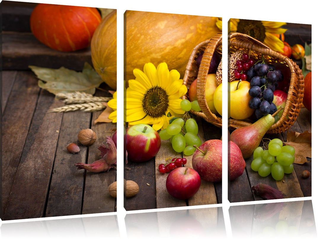 Pixxprint Herbstlicher Obstkorb als Leinwandbild | Grösse: 3 Teilig (120x80) | Wandbild| Kunstdruck