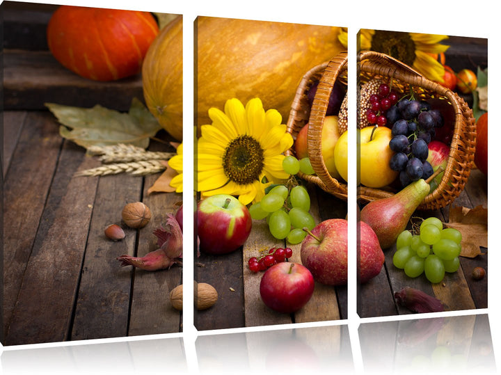 Pixxprint Herbstlicher Obstkorb als Leinwandbild | Grösse: 3 Teilig (120x80) | Wandbild| Kunstdruck