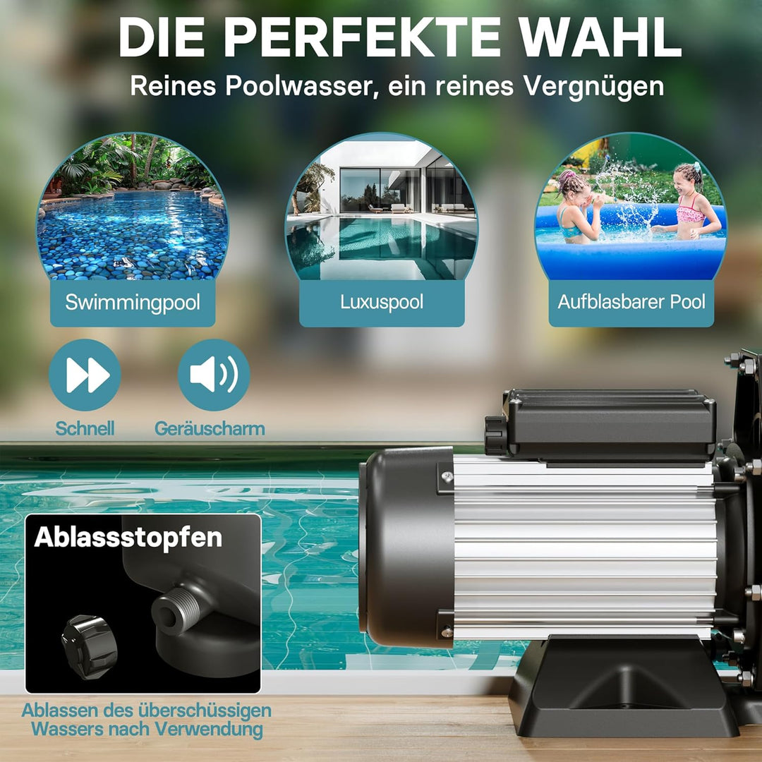 WilTec Poolpumpe 28800 l/h 1300 W Schwimmbadpumpe Filterpumpe