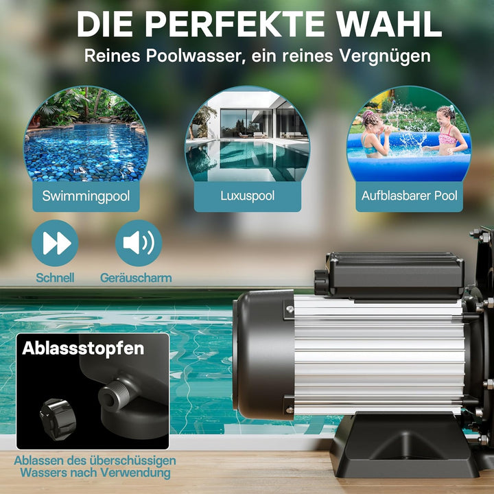 WilTec Poolpumpe 28800 l/h 1300 W Schwimmbadpumpe Filterpumpe