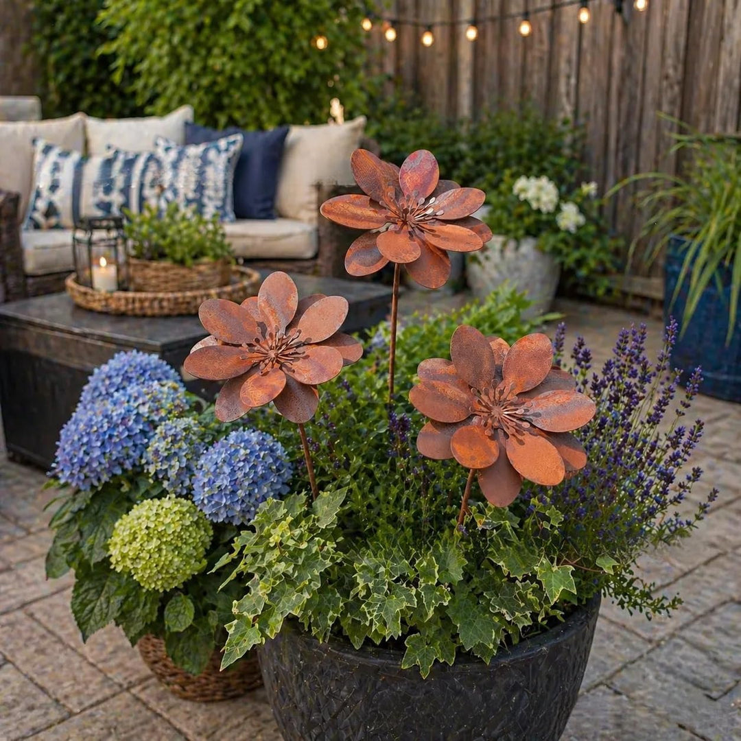 3er Set Gartenstecker Rost Deko Gartendeko für Draussen Wetterfest Sonnenhut Metall Rost Gartendeko