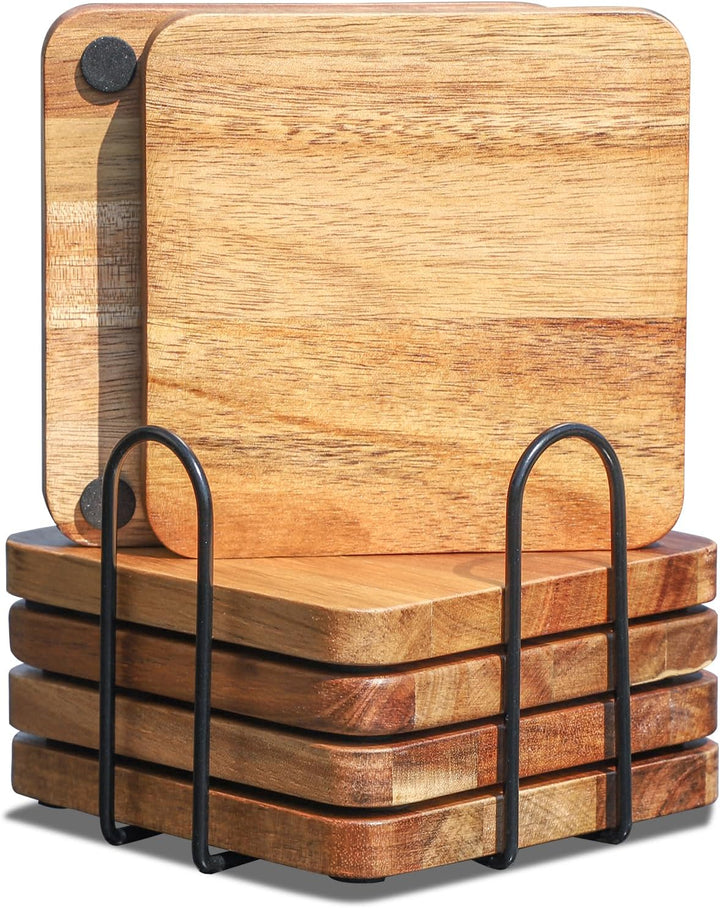 Untersetzer Gläser Holz 6er Set, Untersetzer aus Akazienholz mit Halter, Glasuntersetzer Holz eckig,