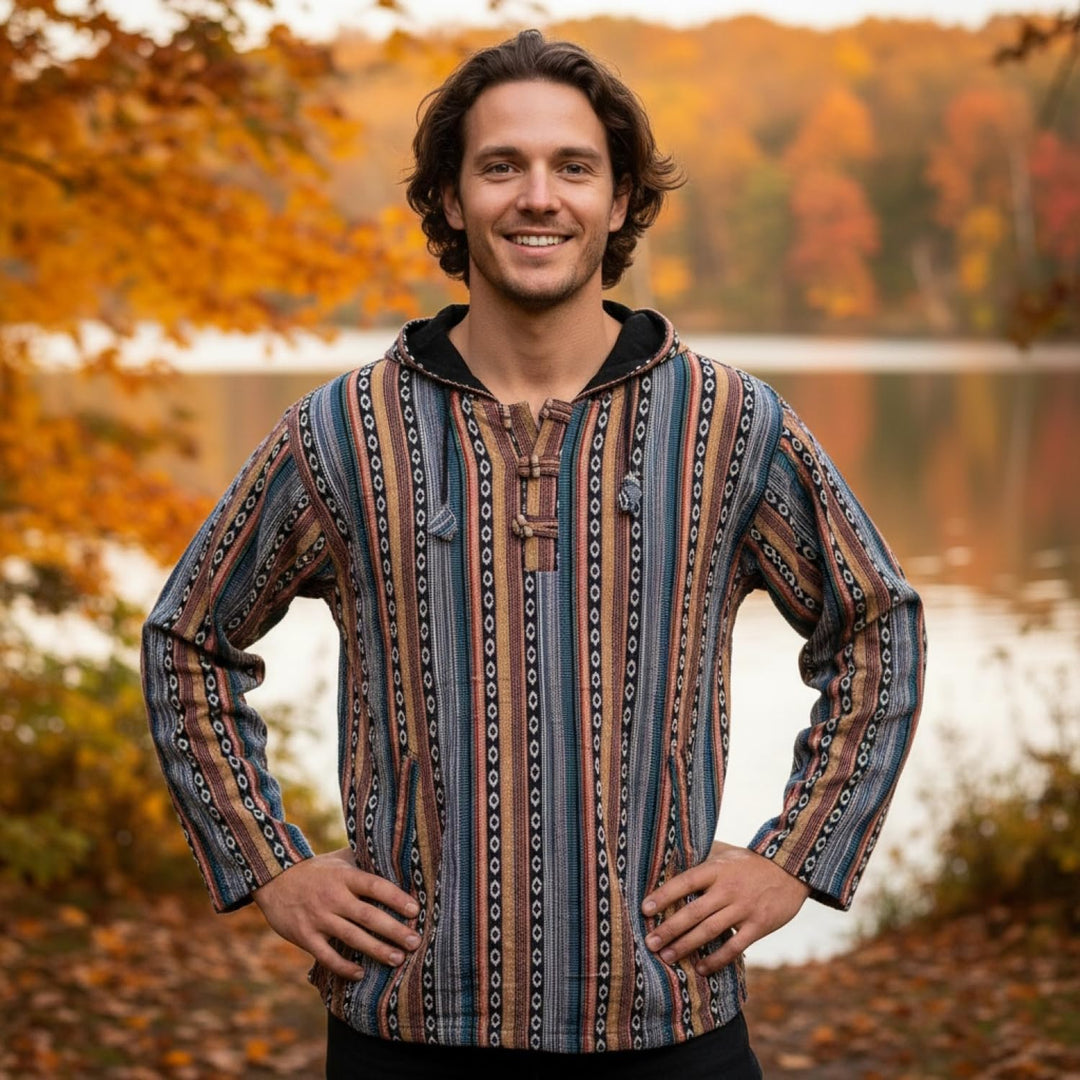 GURU SHOP Goa Kapuzenshirt, Baja Hoodie, Style Kapuzenpullover, Herren, Baumwolle S Blau/Orange, S B