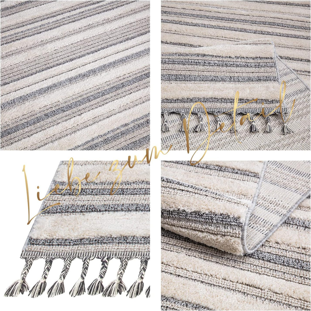 payé Teppich Wohnzimmer - Meliert - 160x230cm - Creme Grau Blau - Hochtief Effekt - Fransen Deko Boh