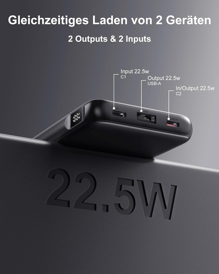ANSODY 22.5W Powerbank 10000mAh 2 Stück, Akkupack Klein Aber Stark, LED Display kompatibel Externe h