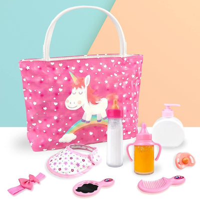 Baby Puppe Zubehör -Babypuppe Fütterung und Pflege Set mit Windel Puppenwickeltasche Flaschen für Mä