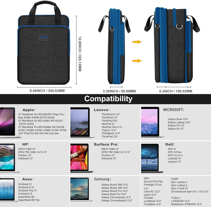 ZINZ Schlanke und erweiterbare Tasche 12,9 13" Reise-Laptop-Schultertasche für MacBook Air/Pro 13" M