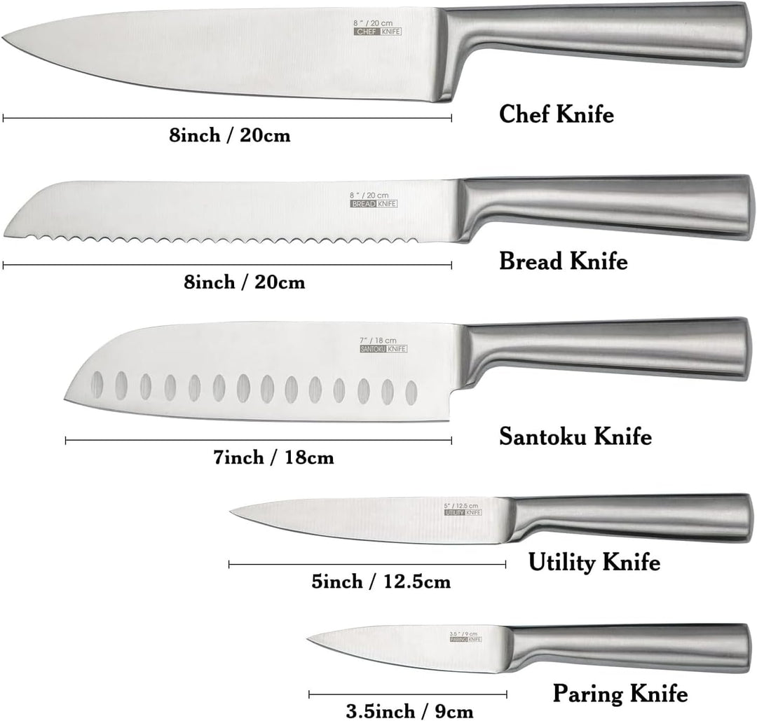 HUIKAILI Messer Set 5-TLG, Profi Küchenmesser Set aus Edelstahl, Scharfes, Rutschfester, Gefrosteter