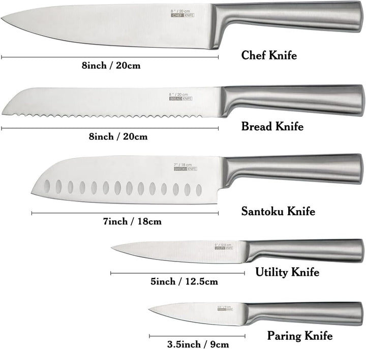 HUIKAILI Messer Set 5-TLG, Profi Küchenmesser Set aus Edelstahl, Scharfes, Rutschfester, Gefrosteter