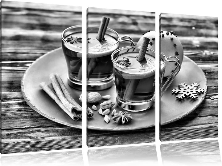 Pixxprint Monocrome, Aromatischer Glühwein mit Zimt 3-Teiler Leinwandbild 120x80 Bild auf Leinwand