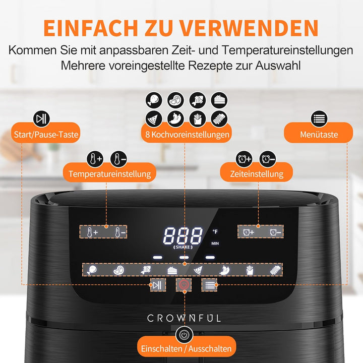 CROWNFUL Luftfritteuse 6.5L, 7QT Heissluftfriteuse elektrische 12 in 1 Öllose Herd , Heissluft Fritt
