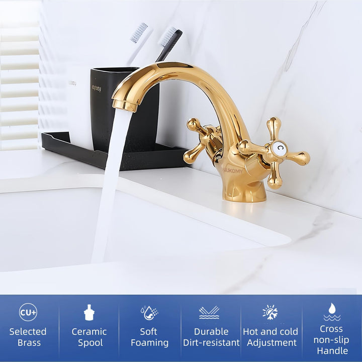 Wasserhahn Armatur Bad Zweigriff Gold, Waschtischarmatur Messing mit Kreuzgriff, Mischbatterie Badez