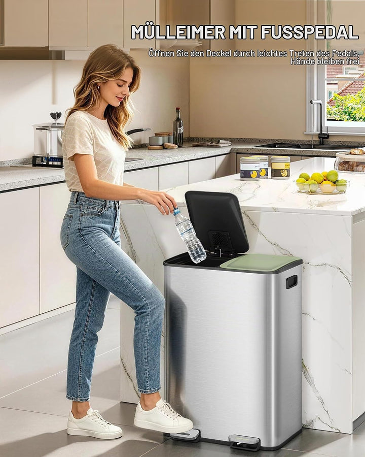 Hzuaneri Mülleimer Küche, 2 x 30 L, Mülltrennsystem 2 Fächer, Mülleimer mit Farbigem Soft-Close-Deck