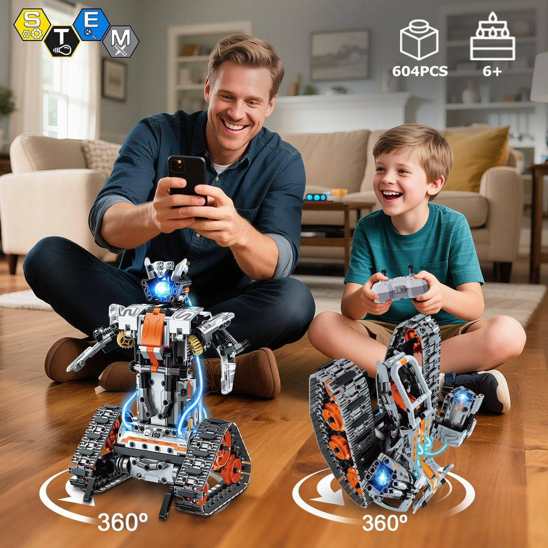 Technik Roboter für Kinder mit LED Licht, 5-in-1 APP und Fernbedienung Bausatz RC Robot/Tracked/Race