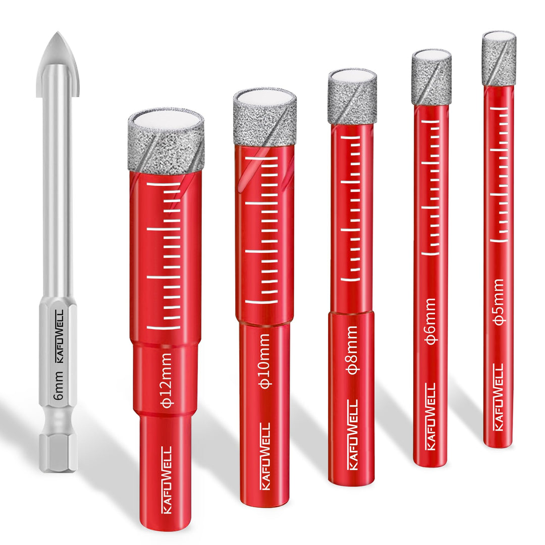 KAFUWELL Fliesenbohrer Diamantbohrer Profi-Set 10tlg, 5-12mm Glasbohrer & 6mm Karbid-Anbohrer für Ke