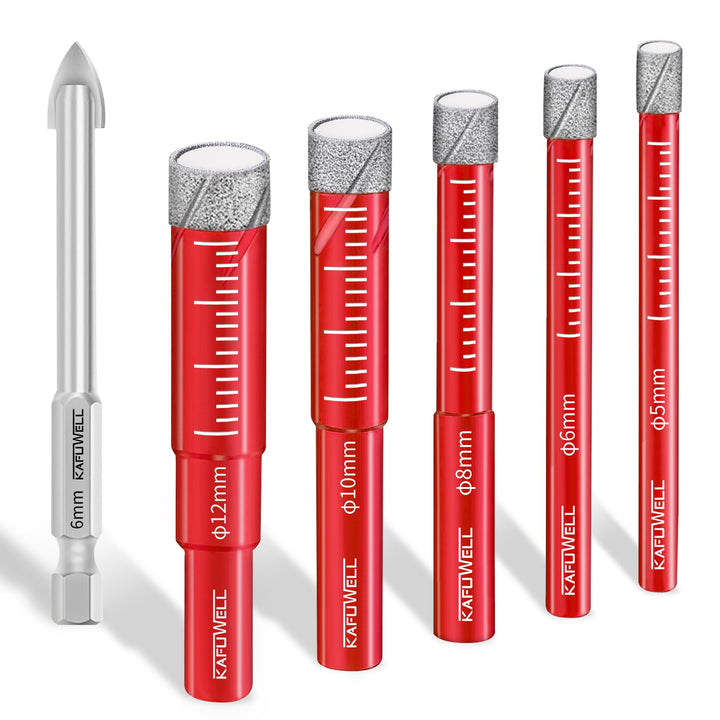 KAFUWELL Fliesenbohrer Diamantbohrer Profi-Set 10tlg, 5-12mm Glasbohrer & 6mm Karbid-Anbohrer für Ke