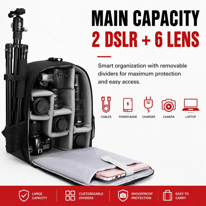 Cwatcun Kamerarucksack Camera Backpack Professioneller für spiegellose DSLR/SLR-Kamera, wasserdicht,