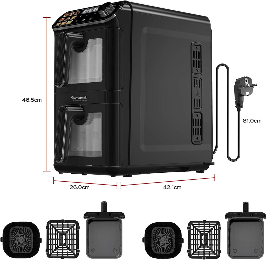 TurboTronic Heissluftfritteuse XXL – 11 L vertikale Doppelkammer Heissluftfritteuse 2 × 5,5 L DualZo