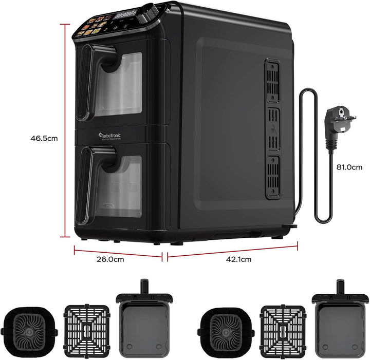 TurboTronic Heissluftfritteuse XXL – 11 L vertikale Doppelkammer Heissluftfritteuse 2 × 5,5 L DualZo