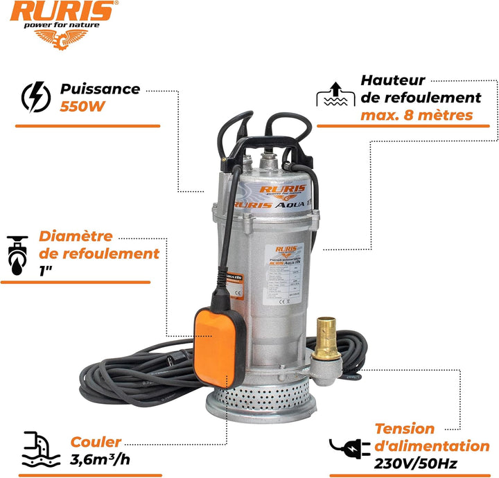 RURIS POWER FOR NATURE Tauchpumpe Aqua 11S, 550 W, Durchflussmenge 3,6 m³/h, Förderhöhe 25 m, Schwim