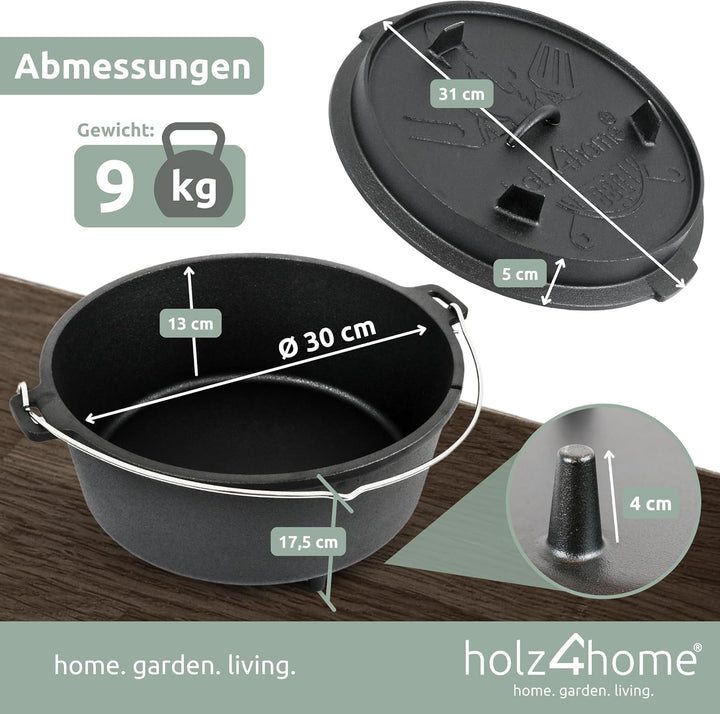 holz4home® Dutch Oven Set [9L, Mit Füssen] I Eingebrannter Feuertopf Gusseisen I Schmortopf mit Deck