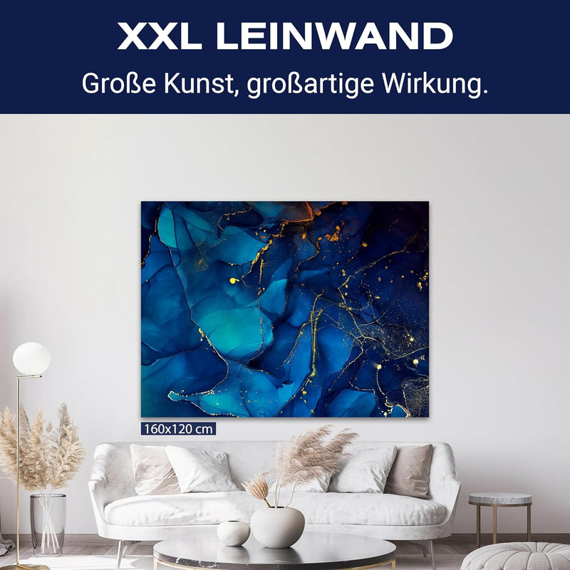 wandmotiv24 Leinwand-Bilder Natur-Stein, Grösse 100x75cm, Querformat, Blauer Marmor mit Gold, Blau,