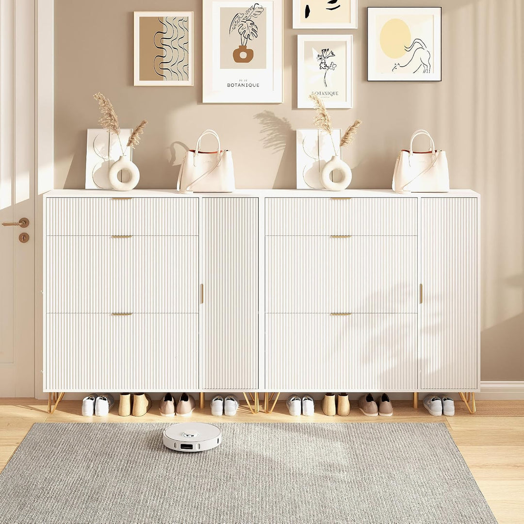 2er Set Schuhschrank mit 2 Klappen und 2 Türen, Weiss Schuhregal Schuhkipper Schmal, Anti-Kipp-Vorri
